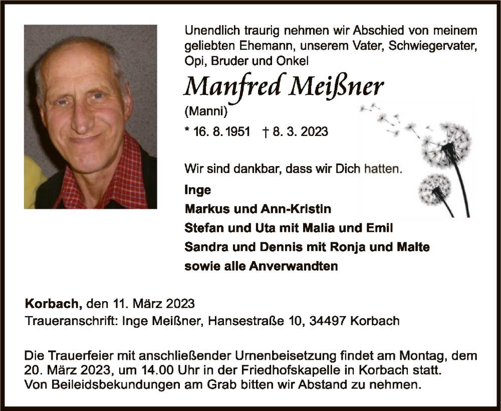  Traueranzeige für Manfred Meißner vom 11.03.2023 aus WLZ