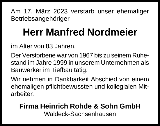 Traueranzeige von Manfred Nordmeier von WLZ