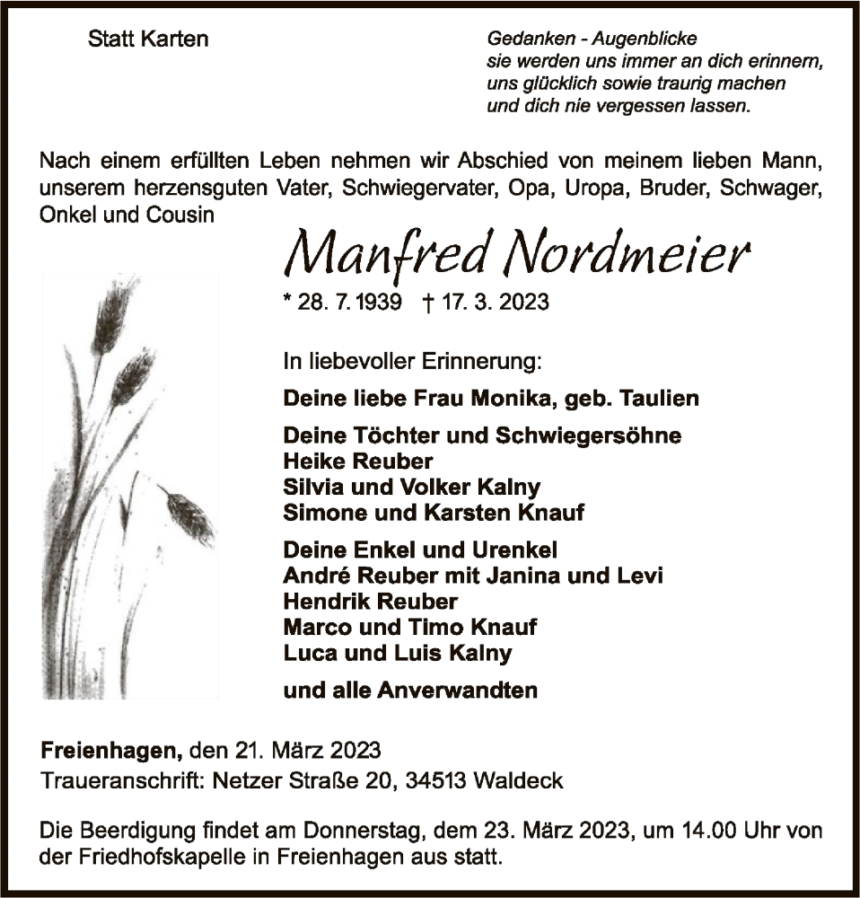 Traueranzeige für Manfred Nordmeier vom 21.03.2023 aus WLZ