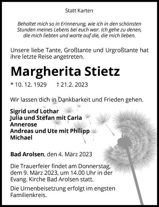 Traueranzeige von Margherita Stietz von WLZ