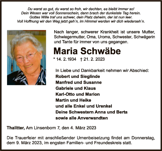 Traueranzeige von Maria Schwäbe von WLZ