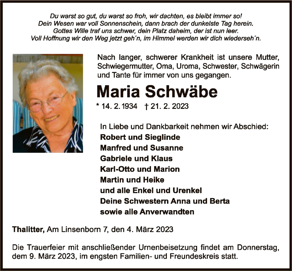 Traueranzeige für Maria Schwäbe vom 04.03.2023 aus WLZ