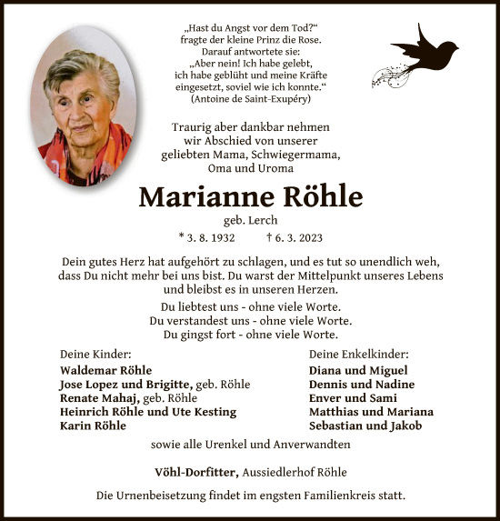 Traueranzeige von Marianne Röhle von WLZ