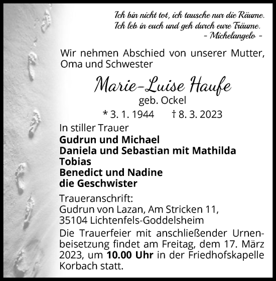 Traueranzeige von Marie-Luise Haufe von WLZ