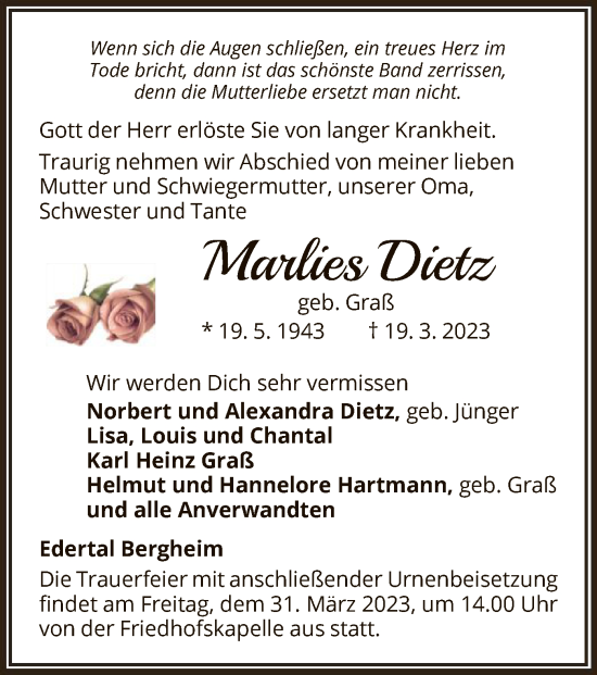 Traueranzeige von Marlies Dietz von WLZ