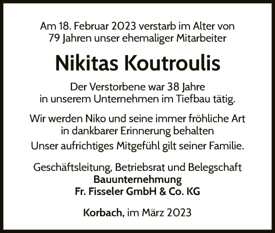 Traueranzeige von Nikitas Koutroulis von WLZ