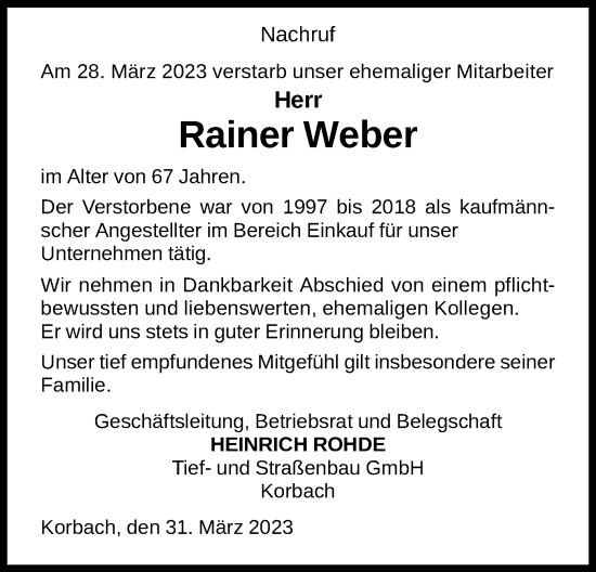 Traueranzeige von Rainer Weber von WLZ