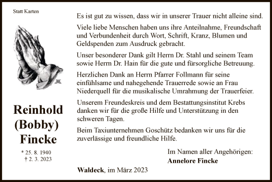 Traueranzeige von Reinhold Fincke von WLZ