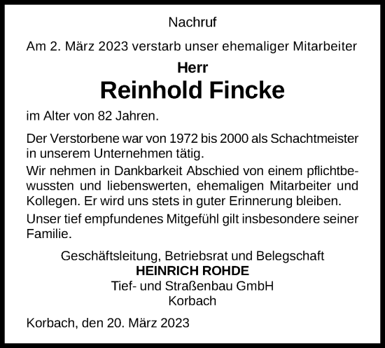 Traueranzeige von Reinhold Fincke von WLZ