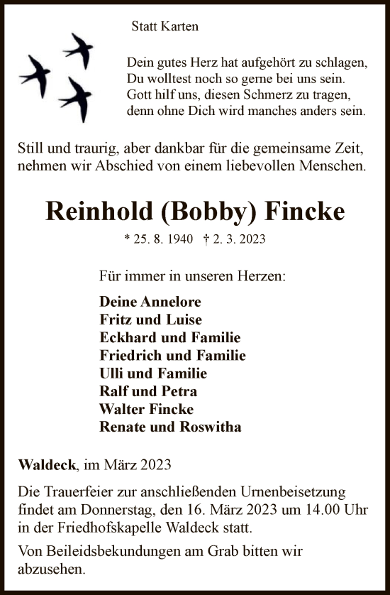 Traueranzeige von Reinhold Fincke von WLZ