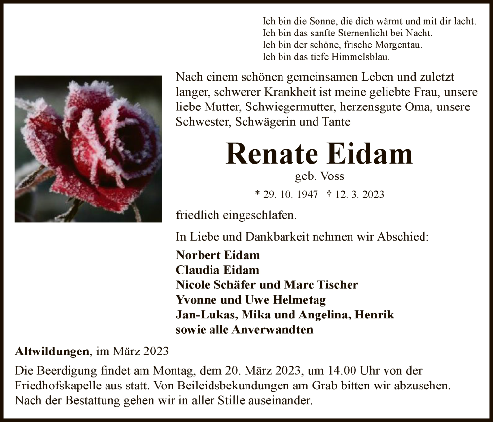  Traueranzeige für Renate Eidam vom 15.03.2023 aus WLZ
