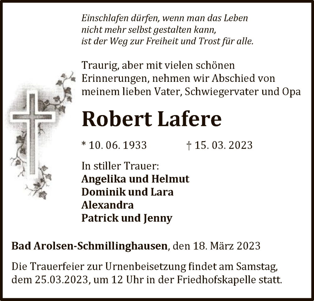  Traueranzeige für Robert Lafere vom 18.03.2023 aus WLZ