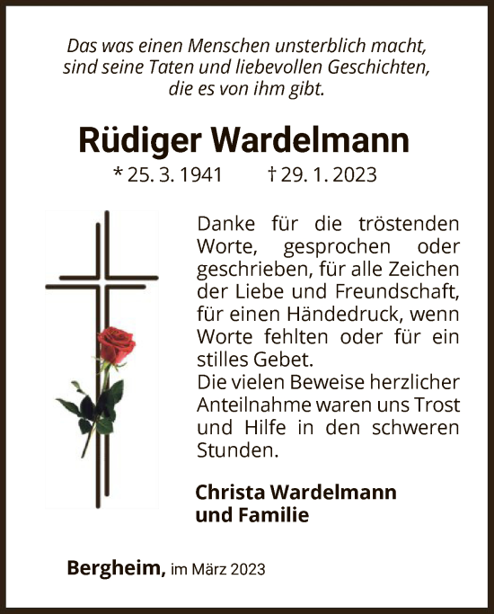 Traueranzeige von Rüdiger Wardelmann von WLZ