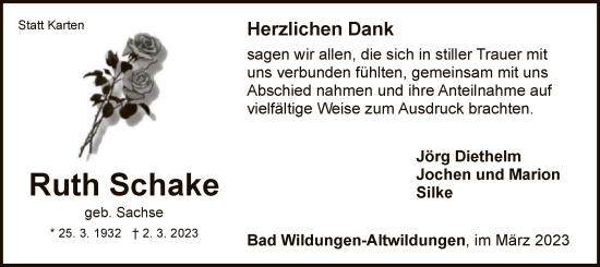 Traueranzeige von Ruth Schake von WLZ