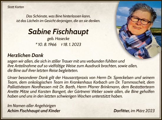 Traueranzeige von Sabine Fischhaupt von WLZ