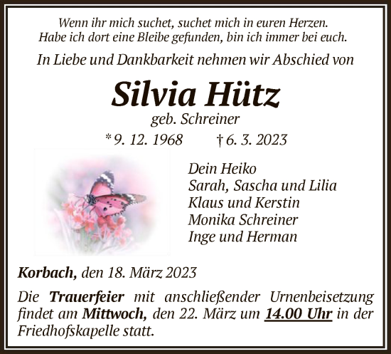 Traueranzeige von Silvia Hütz von WLZ