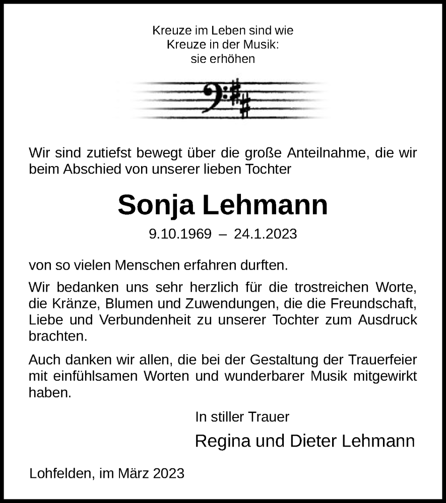  Traueranzeige für Sonja Lehmann vom 04.03.2023 aus HNA