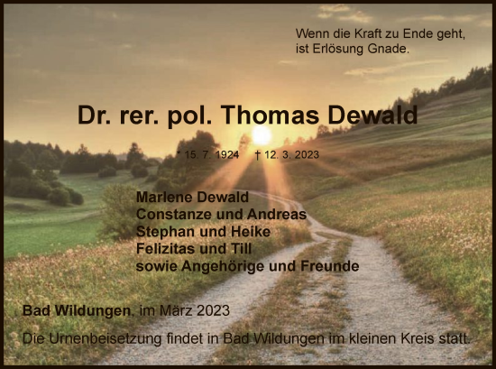 Traueranzeige von Thomas Dewald von WLZ