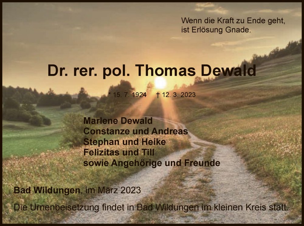  Traueranzeige für Thomas Dewald vom 18.03.2023 aus WLZ