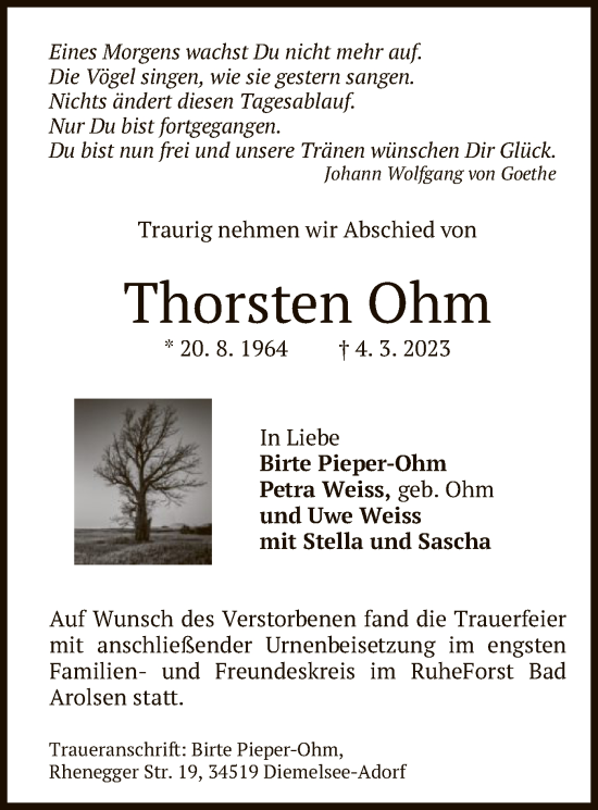 Traueranzeige von Thorsten Ohm von WLZ