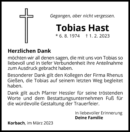 Traueranzeige von Tobias Hast von WLZ