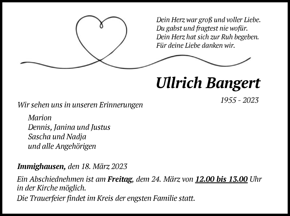  Traueranzeige für Ullrich Bangem vom 18.03.2023 aus WLZ