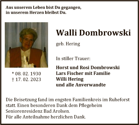 Traueranzeige von Walli Dombrowski von WLZ