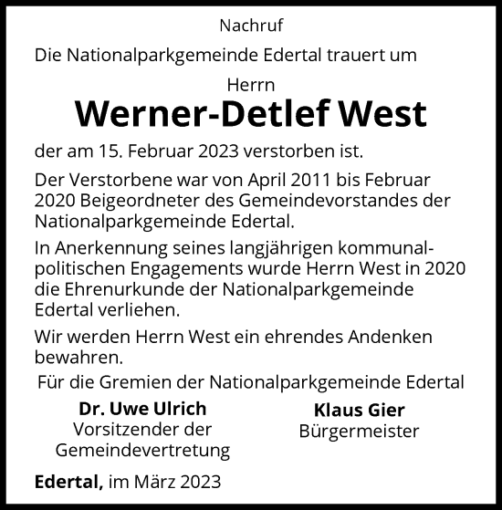 Traueranzeige von Werner-Detlef West von WLZ