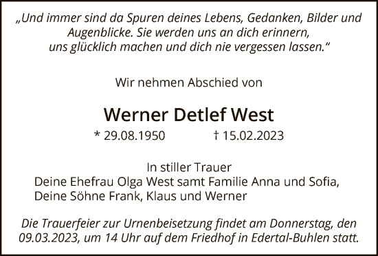 Traueranzeige von Werner Detlef West von HNA