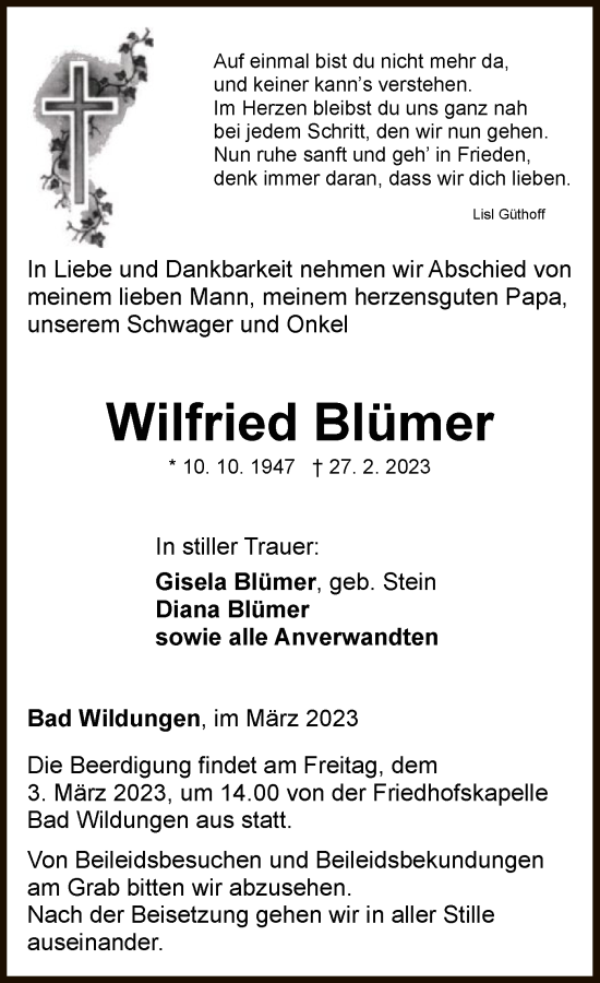 Traueranzeige von Wilfried Blümer von WLZ