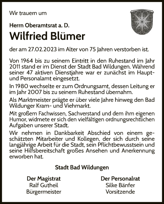 Traueranzeige von Wilfried Blümer von WLZ
