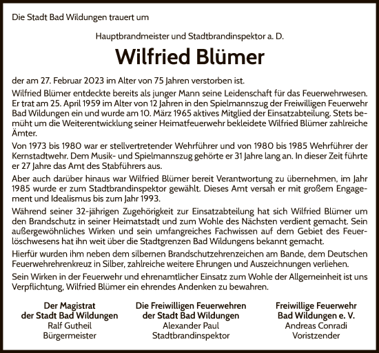 Traueranzeige von Wilfried Blümer von WLZ