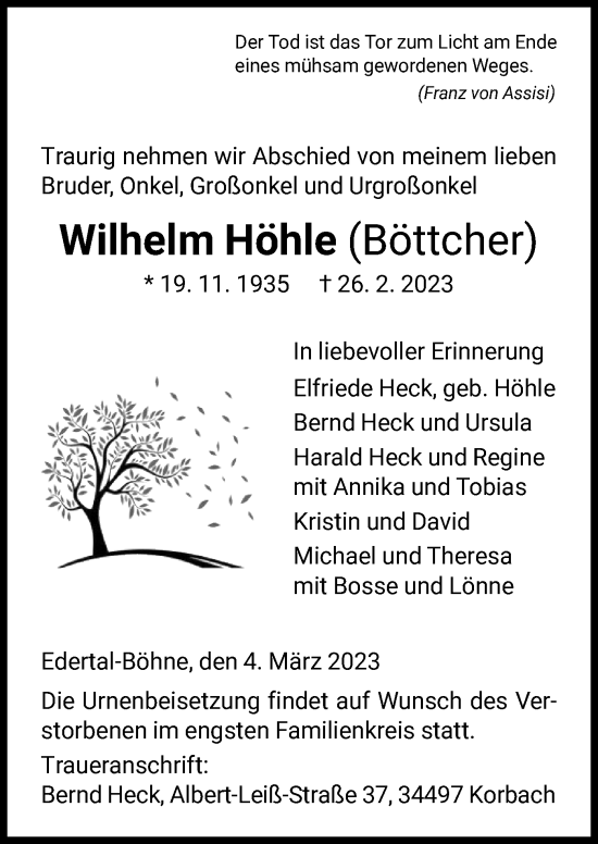 Traueranzeige von Wilhelm Höhle von WLZ