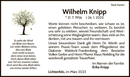 Traueranzeige von Wilhelm Knipp von WLZ