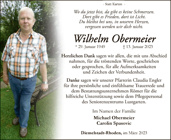 Traueranzeige von Wilhelm Obermeier von WLZ