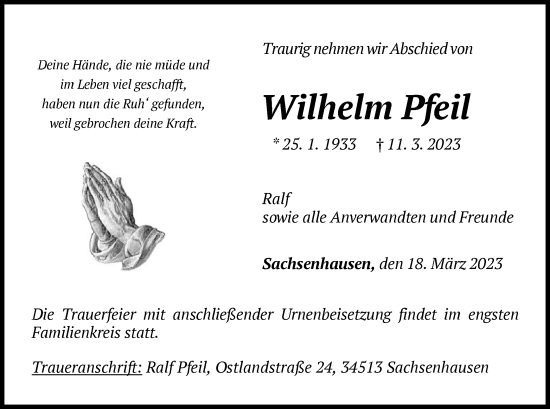 Traueranzeige von Wilhelm Pfeil von WLZ