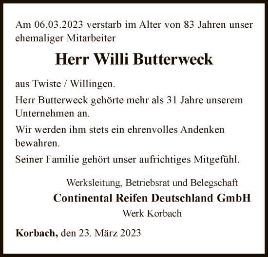 Traueranzeige von Willi Butterweck von WLZ