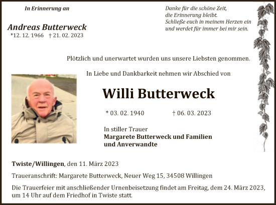 Traueranzeige von Willi Butterweck von WLZ