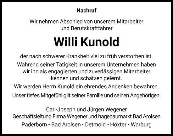 Traueranzeige von Willi Kunold von WLZ