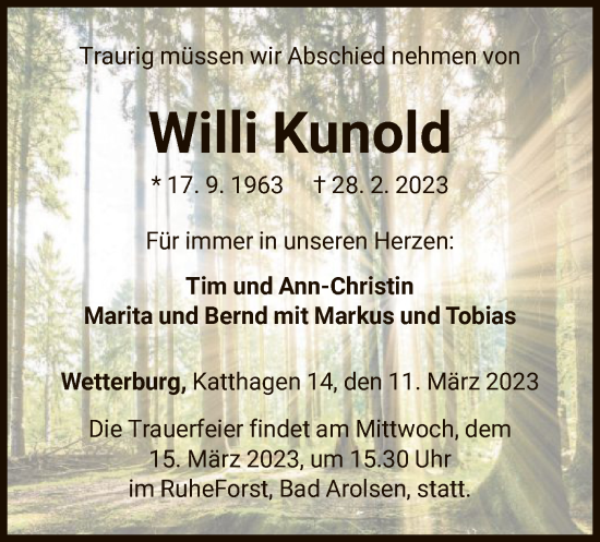 Traueranzeige von Willi Kunold von WLZ