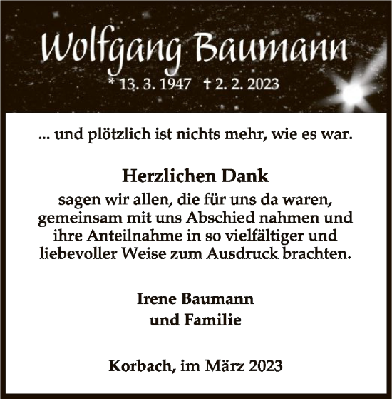 Traueranzeige von Wolfgang Baumann von WLZ