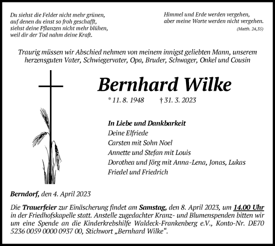 Traueranzeige von Bernhard Wilke von WLZ