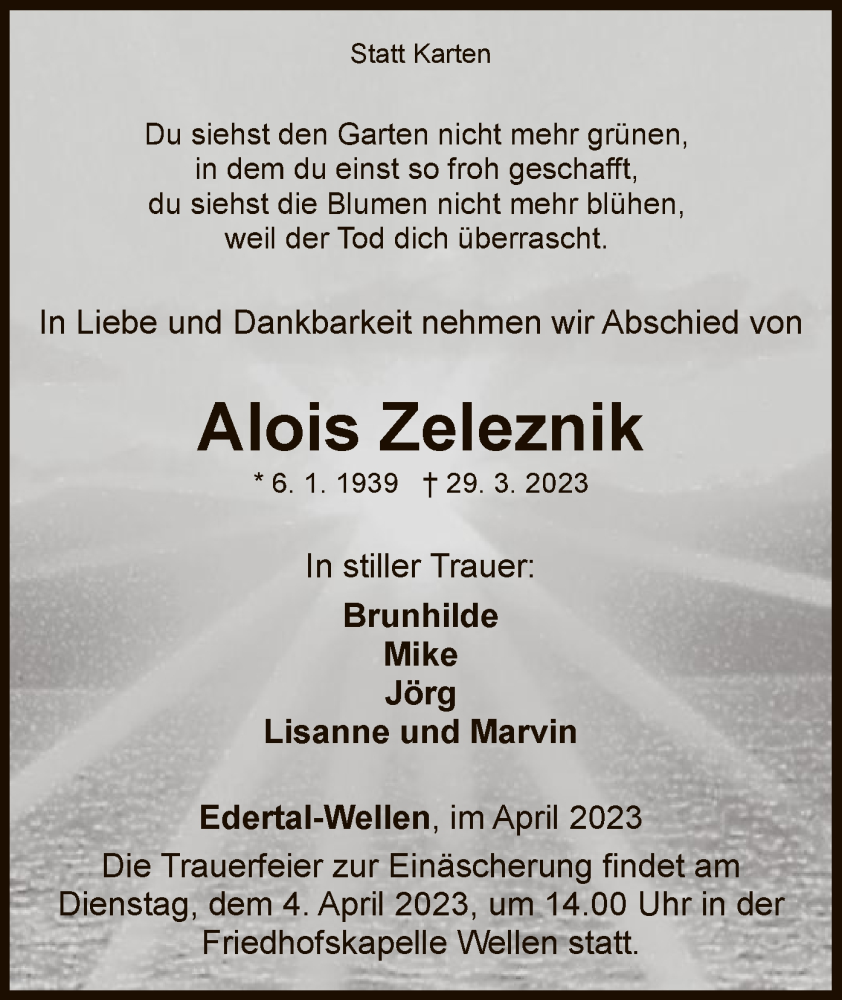  Traueranzeige für Alois Zeleznik vom 01.04.2023 aus WLZ