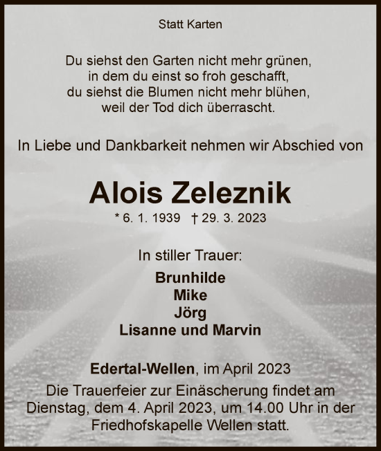 Traueranzeige von Alois Zeleznik von WLZ