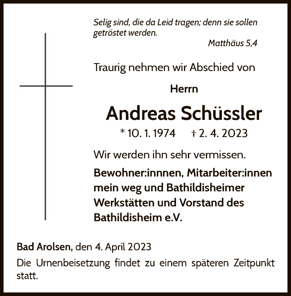  Traueranzeige für Andreas Schüssler vom 05.04.2023 aus WLZ