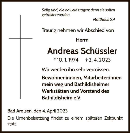 Traueranzeige von Andreas Schüssler von WLZ