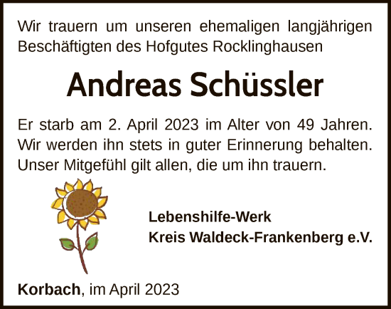 Traueranzeige von Andreas Schüssler von WLZ