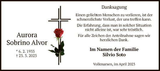 Traueranzeige von Aurora Sobrino Alvor von WLZ