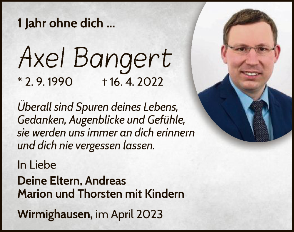  Traueranzeige für Axel Bangert vom 15.04.2023 aus WLZ