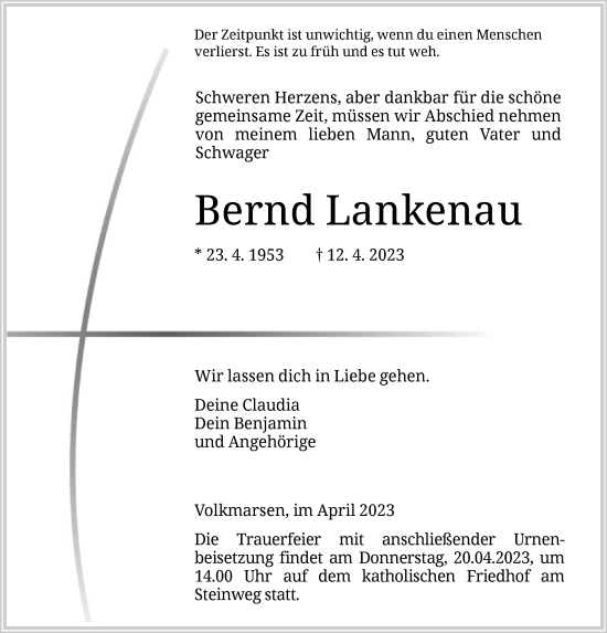 Traueranzeige von Bernd Lankenau von WLZ